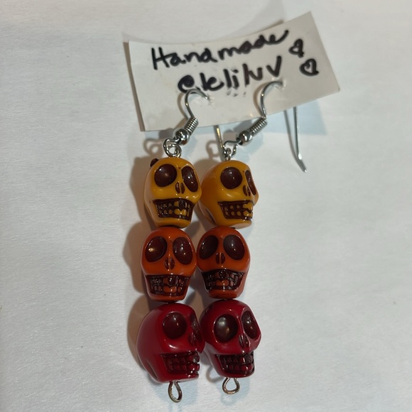 Handmade Halloween skull earrings! Dangling yellow, orange and red skulls, New! - Picture 1 of 5